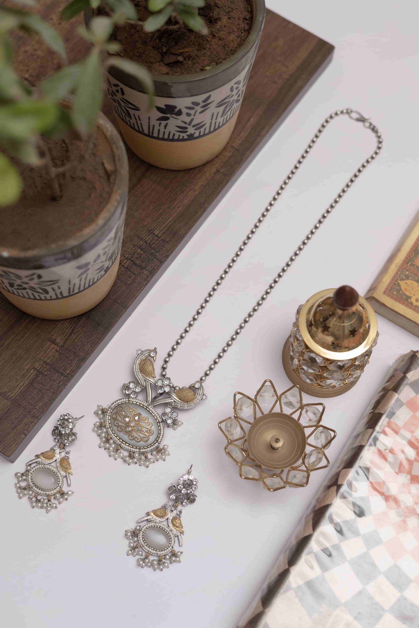 Silver Look-ALike Peacock Pendant Set with Stone & Pearl Drops