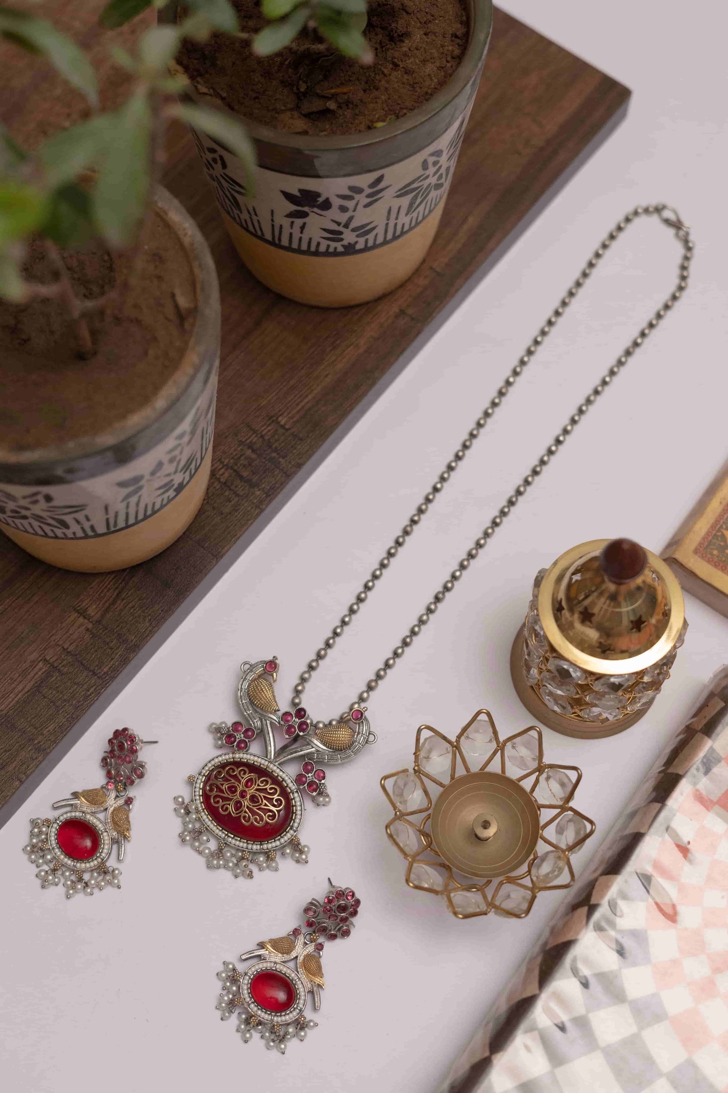 Silver Look-ALike Peacock Pendant Set with Stone & Pearl Drops