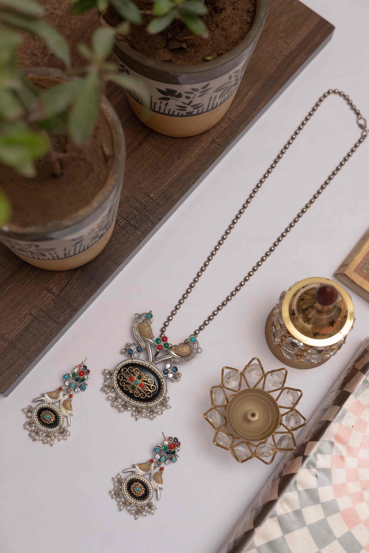 Silver Look-ALike Peacock Pendant Set with Stone & Pearl Drops