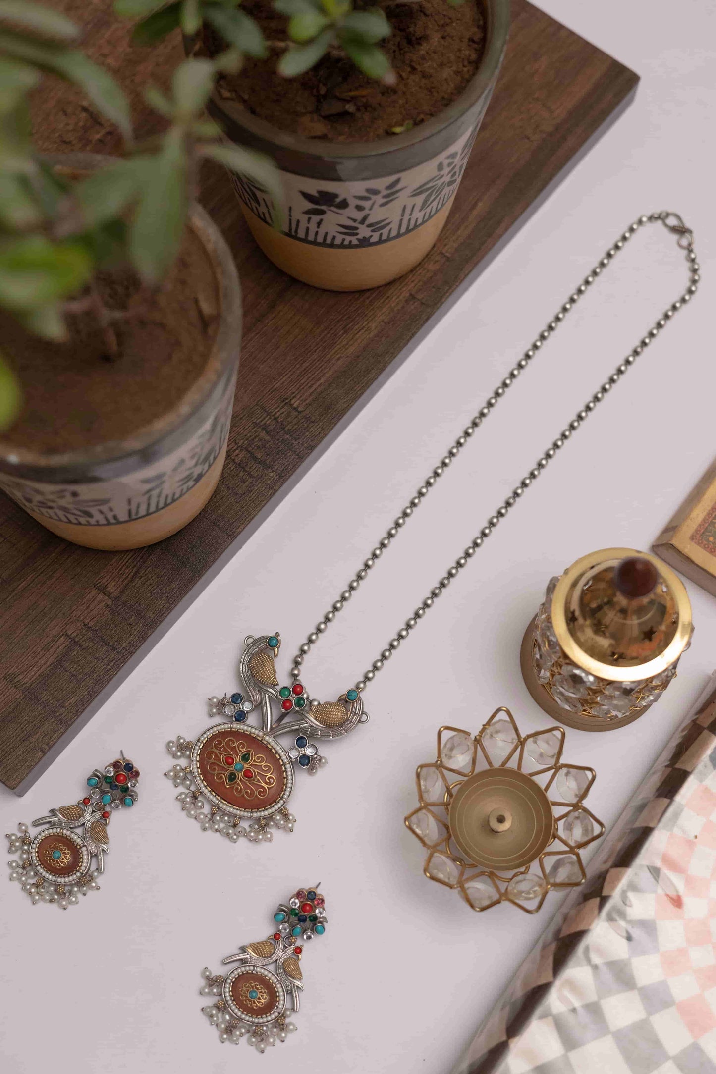 Silver Look-ALike Peacock Pendant Set with Stone & Pearl Drops