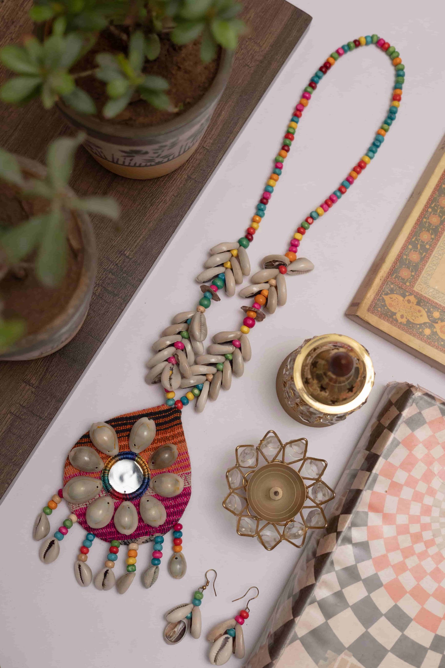 Fabric Necklace with Oval Charm & Dangling Kodi
