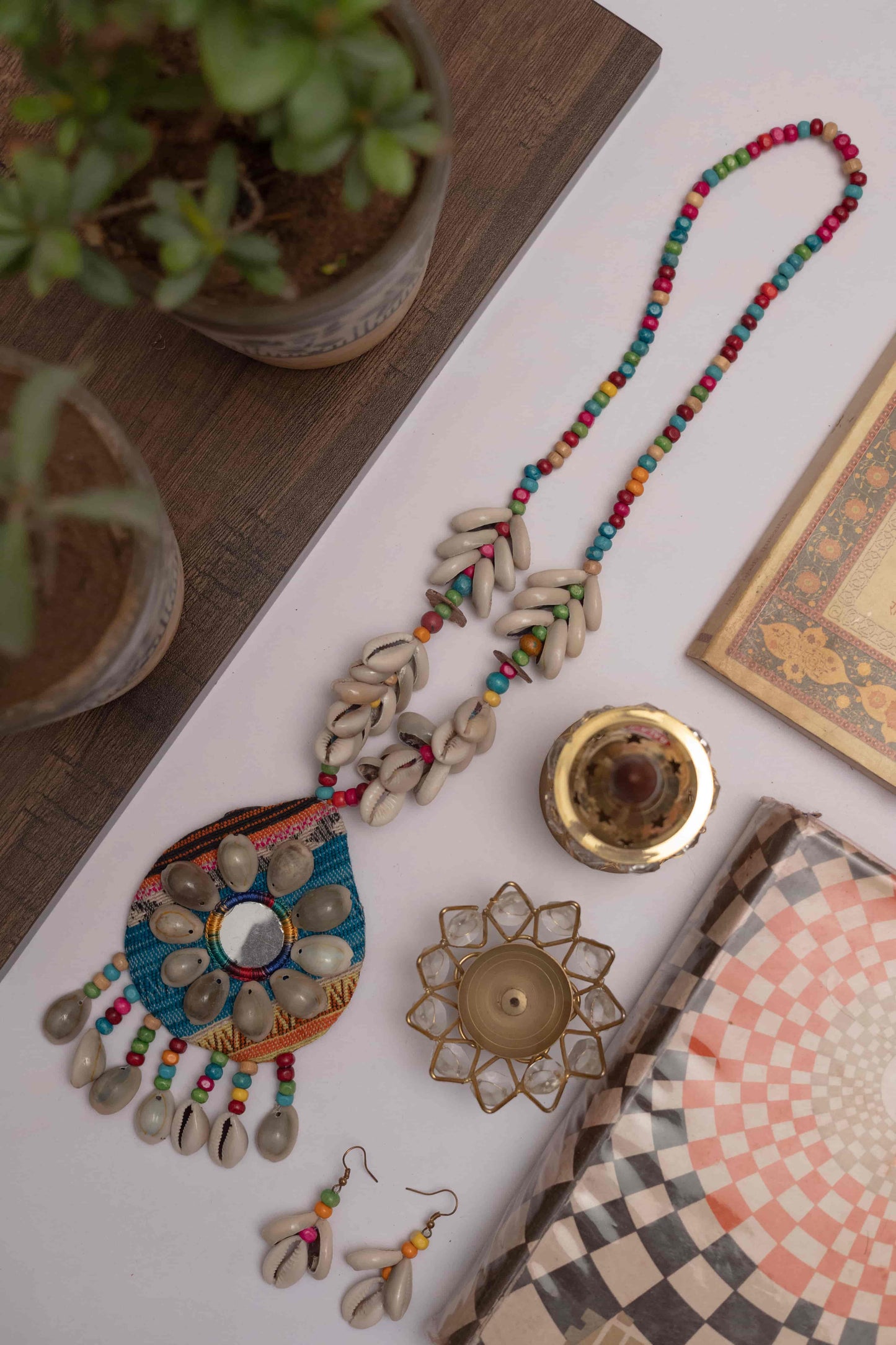 Fabric Necklace with Oval Charm & Dangling Kodi