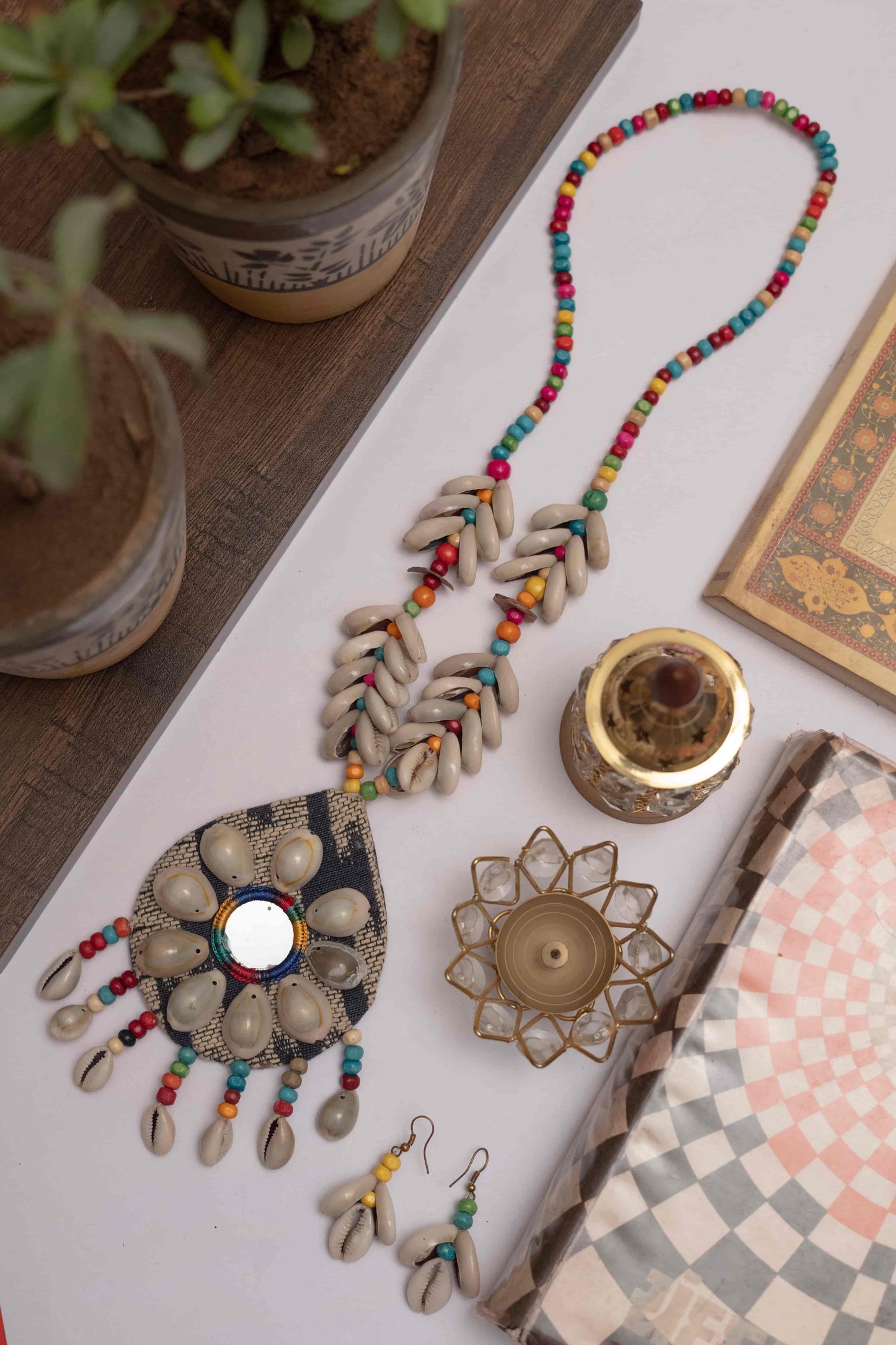 Fabric Necklace with Oval Charm & Dangling Kodi