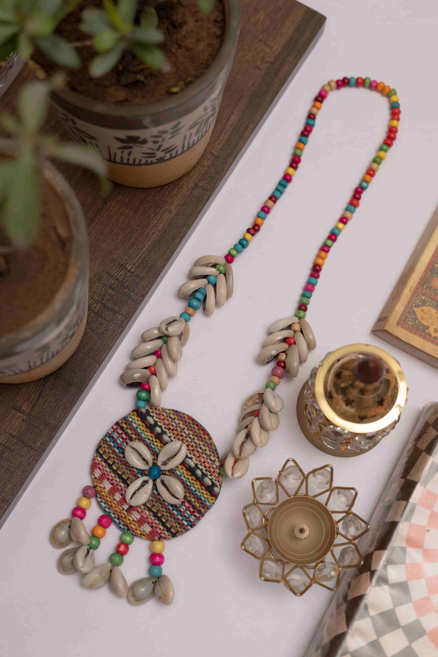 Fabric Necklace with Round Charm & Dangling Kodi