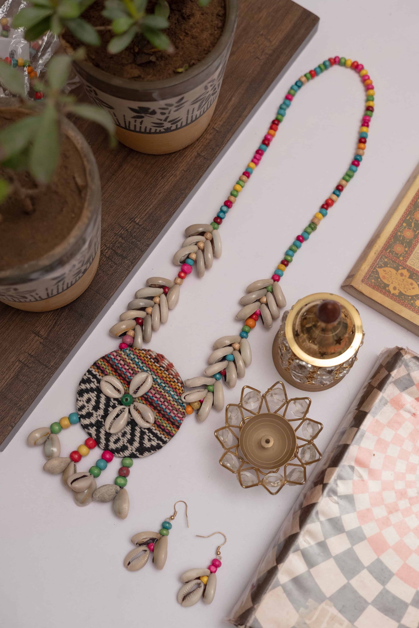 Fabric Necklace with Round Charm & Dangling Kodi