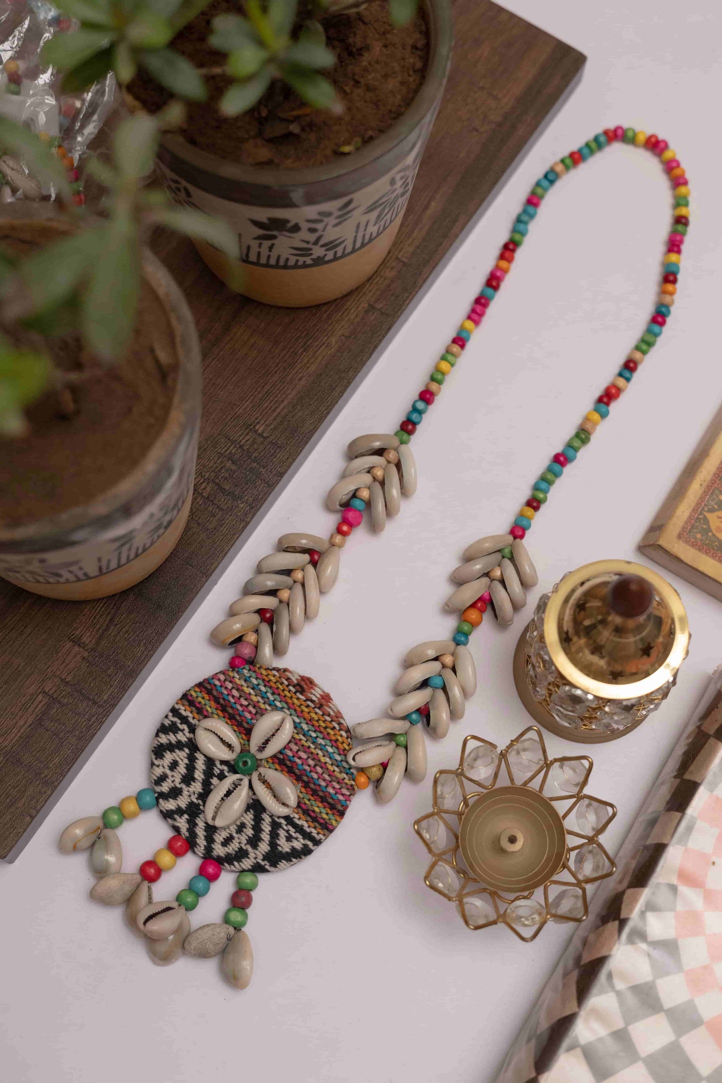 Fabric Necklace with Round Charm & Dangling Kodi