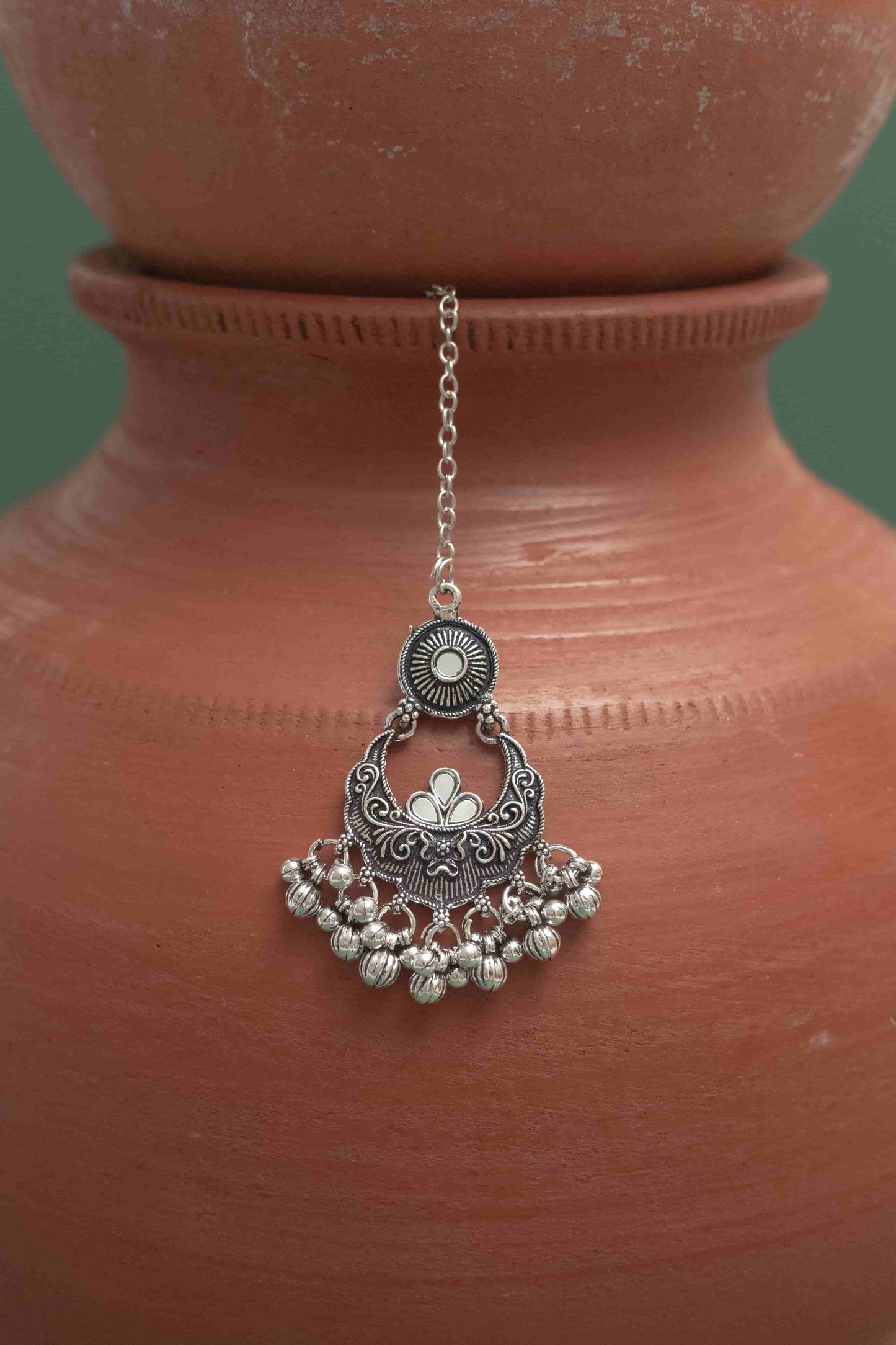 Oxodise Combo Mirror Crescent Pendant Choker with Dangling Beads