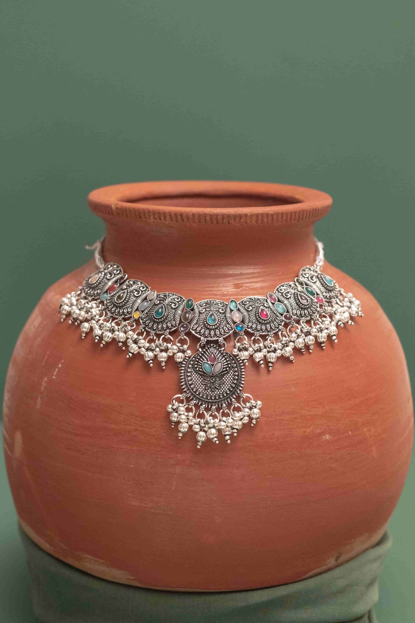 Oxodise Combo Multi Choker Necklace with Teardrop Cabochons