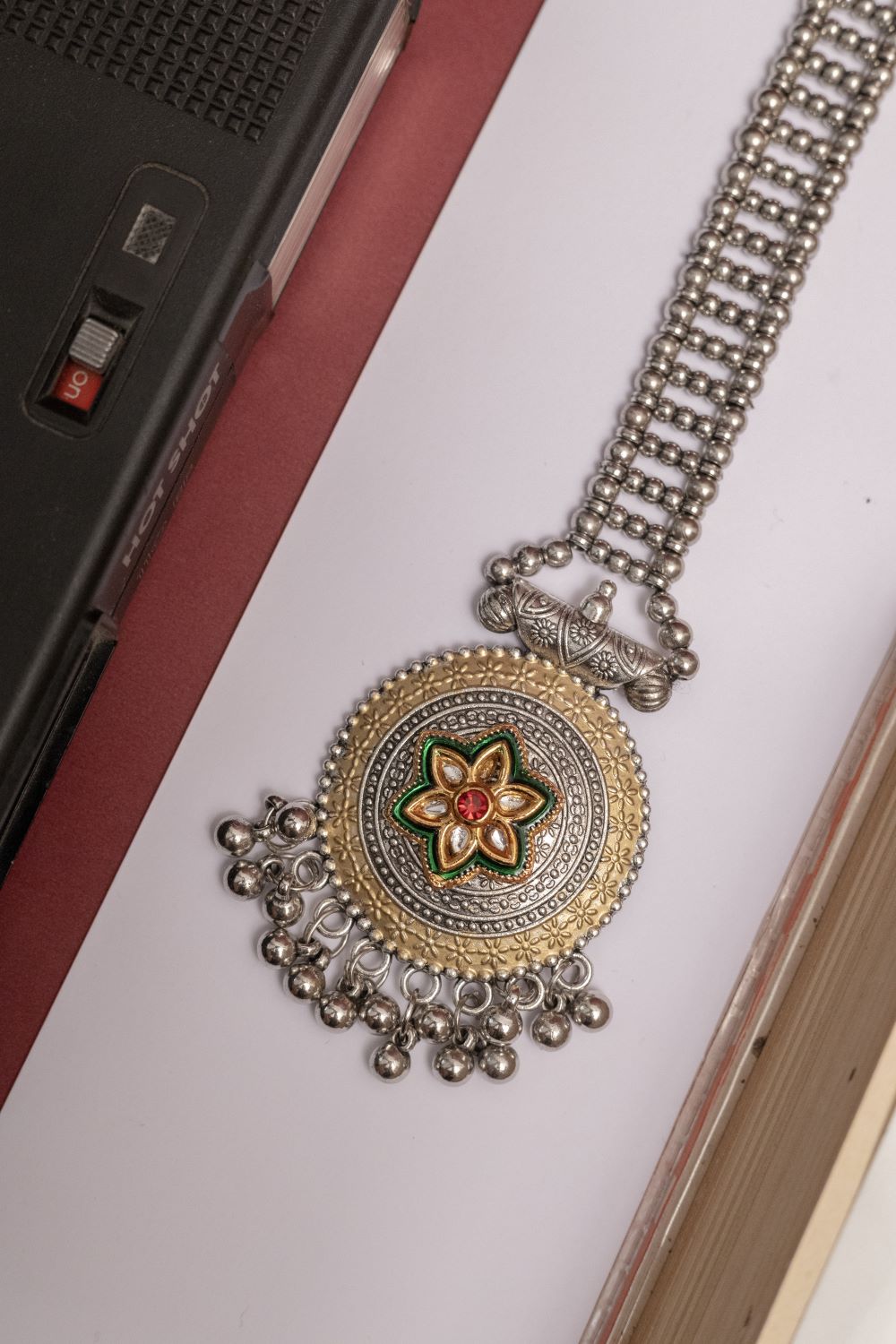Oxodise Two Tone Tika with Colorful Cabochons in Floral Motif
