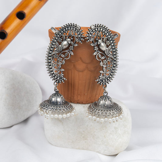 Silver Look-Alike Parrot Design Earrings with Jhumka Dangle