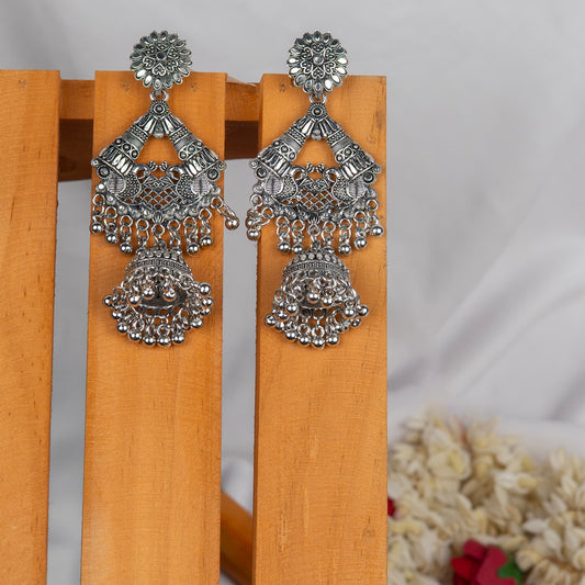 Oxodise Twin Peacock Earrings with Hanging Jhumka & Bells