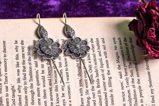 Silver Look-Alike Filigree Drop Earrings with Flower Charm