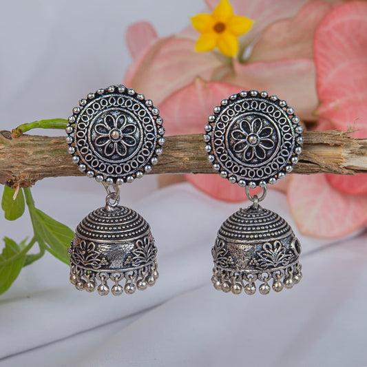 Silver Look-Alike Earrings with Flower Motif & Dangling Jhumka