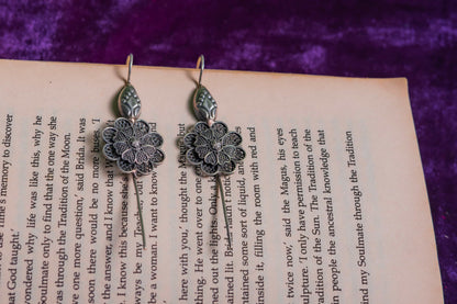 Silver Look-Alike Filigree Drop Earrings with Flower Charm
