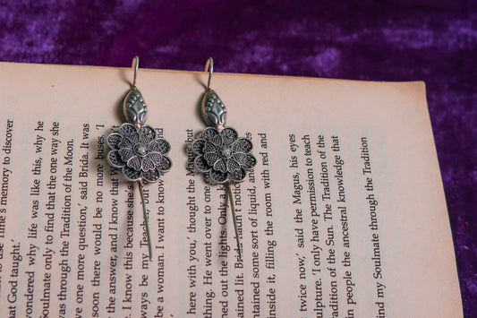 Silver Look-Alike Filigree Drop Earrings with Flower Charm