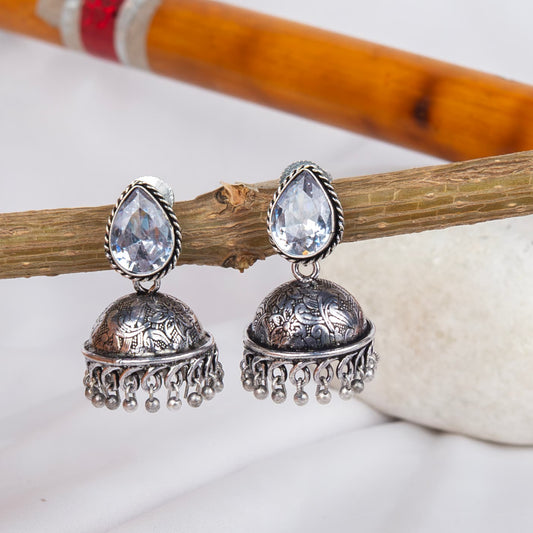 Silver Look-Alike Jhumka Earrings with Multicolor Gem Cabochons
