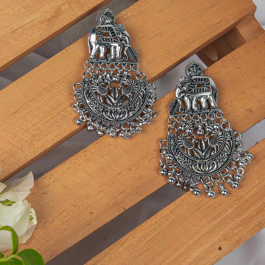 Oxodise Earrings with Royal Elephant Motif & Peacock Engraving