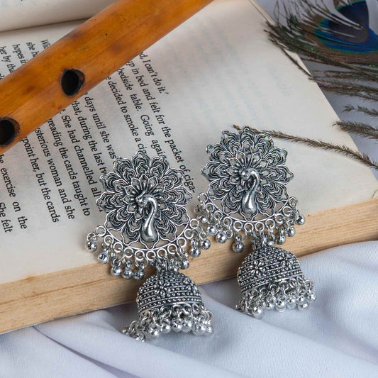 Oxodise Peacock Earrings with Dangling Beads & Jhumkas