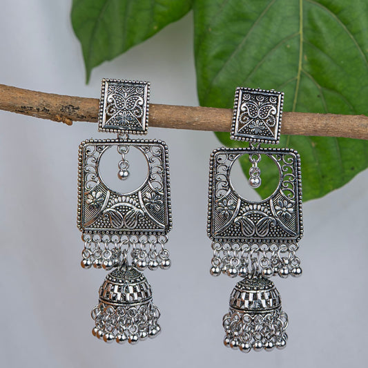 Oxodise Square Filigree Earrings with Dangling Beads & Jhumkas