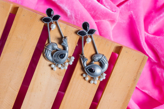 Silver Look-Alike Bird Charm Earrings with Multicolor Cabochons