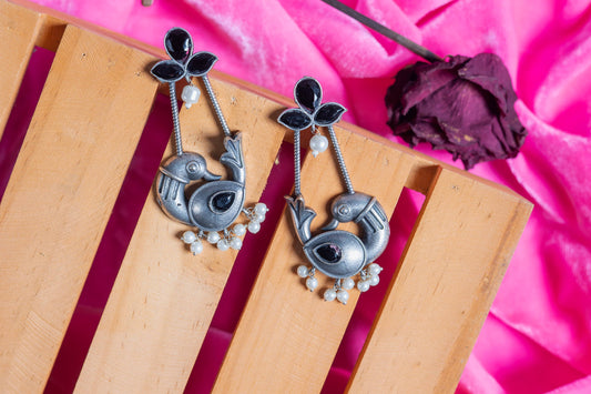 Silver Look-Alike Bird Charm Earrings with Multicolor Cabochons