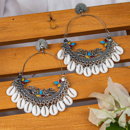 Oxodise Peacock Motif Earrings with Hanging Kodi (Cowrie Shells)