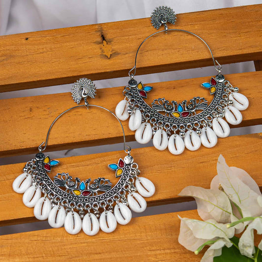 Oxodise Peacock Motif Earrings with Hanging Kodi (Cowrie Shells)