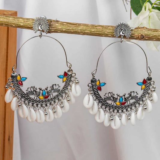 Oxodise Peacock Motif Earrings with Hanging Kodi (Cowrie Shells)