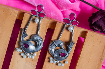 Silver Look-Alike Bird Charm Earrings with Multicolor Cabochons
