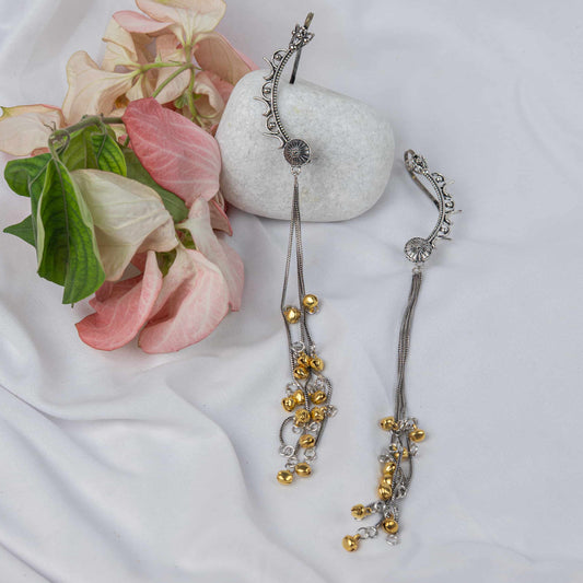 Oxodise Two Tone Earrings with Cascading Chains and Bead Charms