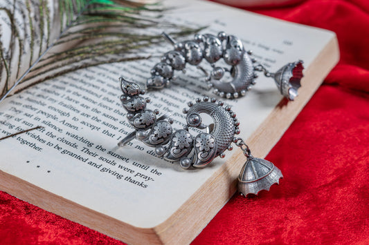 Silver Look-Alike Peacock Hoop Earrings with Dangling Jhumka