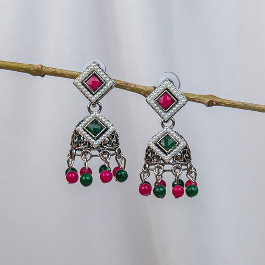 Silver Look-Alike Earrings with Ruby-Red and Emerald-Green Stones