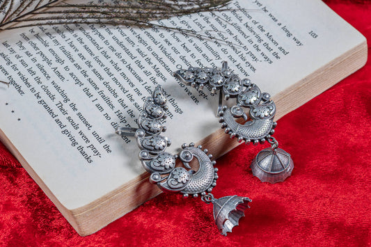 Silver Look-Alike Peacock Hoop Earrings with Dangling Jhumka