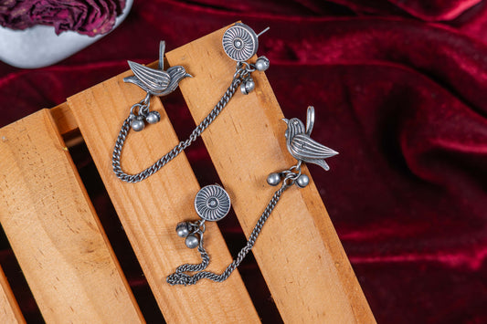 Silver Look-Alike Songbird Chain-Linked Earrings