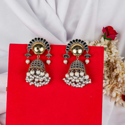 Silver Look-Alike Earrings with Cabochons, Jhumka and Beads