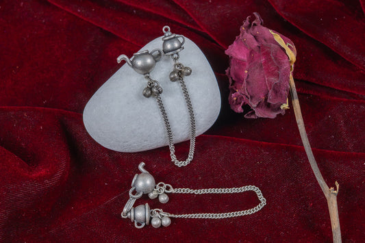 Silver Look-Alike Miniature Chained Teapot Earring