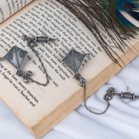 Silver Look-Alike Kite Earrings with Chain Charkhi Dangle