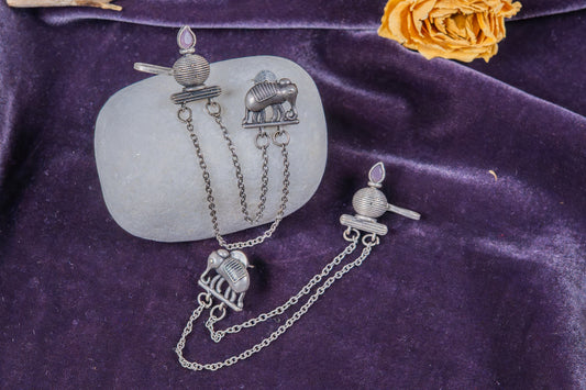 Silver Look-Alike Elephant and Oil Lamp Dual-Stud Earrings