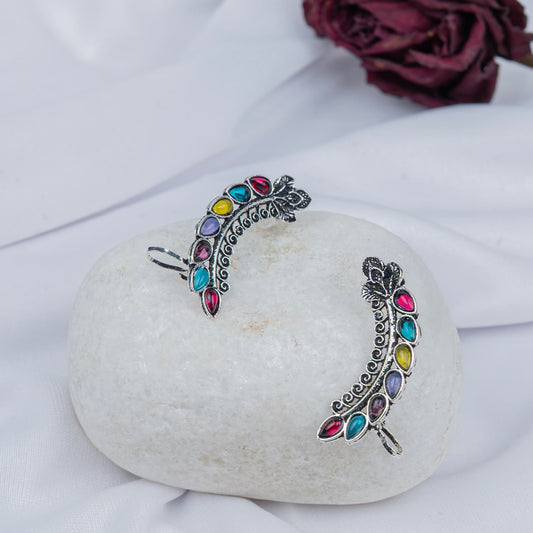 Silver Look-Alike Curved Earrings with Multicolor Teardrop Cabochons