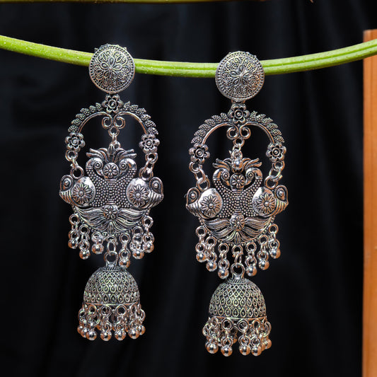 Oxodise Twin Peacock Dangler Earrings with Filigree Dome Jhumka
