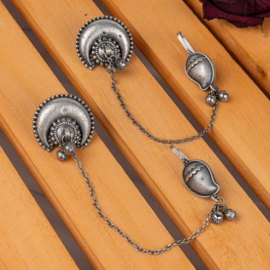 Silver Look-Alike Crescent Moon and Mango Motif Chain Earring