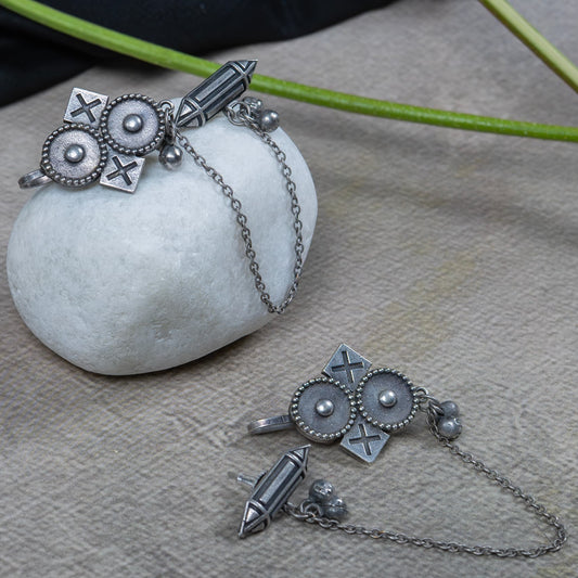 Silver Look-Alike Earring with Geometric Disc and Cross Motifs