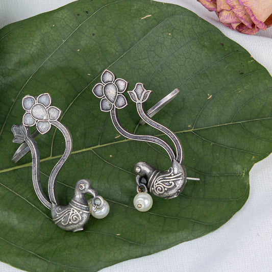 Silver Look-Alike Bird Earring with Pearl Drop Cabochons