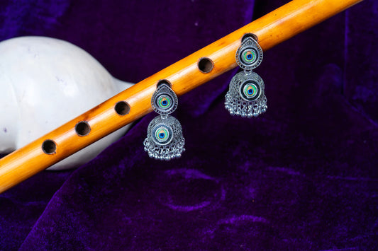 Oxodise Peacock Feather Motif Earrings with Dangling Jhumka