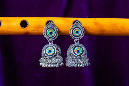 Oxodise Peacock Feather Motif Earrings with Dangling Jhumka
