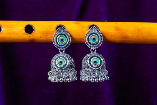 Oxodise Peacock Feather Motif Earrings with Dangling Jhumka