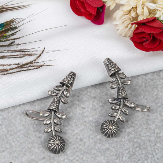 Silver Look-Alike Floral Vine Earring with Sunburst Disc