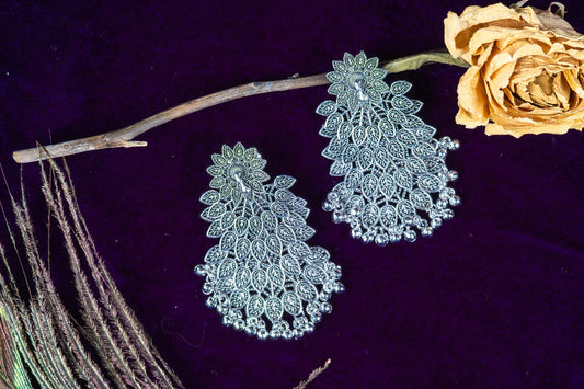 Oxodise Peacock Feather-Inspired Earrings with Dangling Beads
