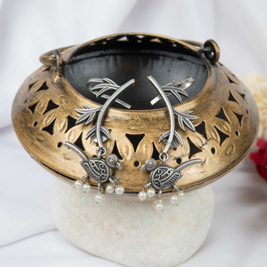 Silver Look-Alike Bird Motif Earring with Dangling Pearl Beads