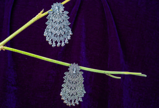 Oxodise Peacock Feather-Inspired Earrings with Dangling Beads